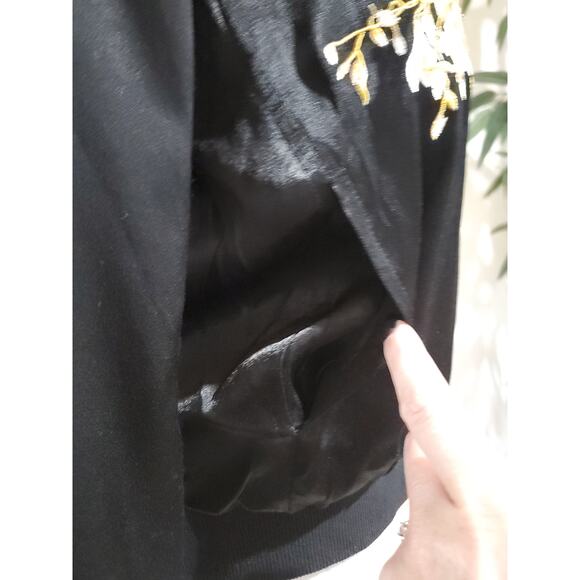 Harlowe & Graham Satin Asian Floral Embroidered Zip Bomber Jacket XS Black Y2K - Picture 9 of 14